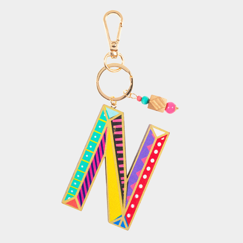 -N- Geometric Patterned Wood Initial Monogram Keychain