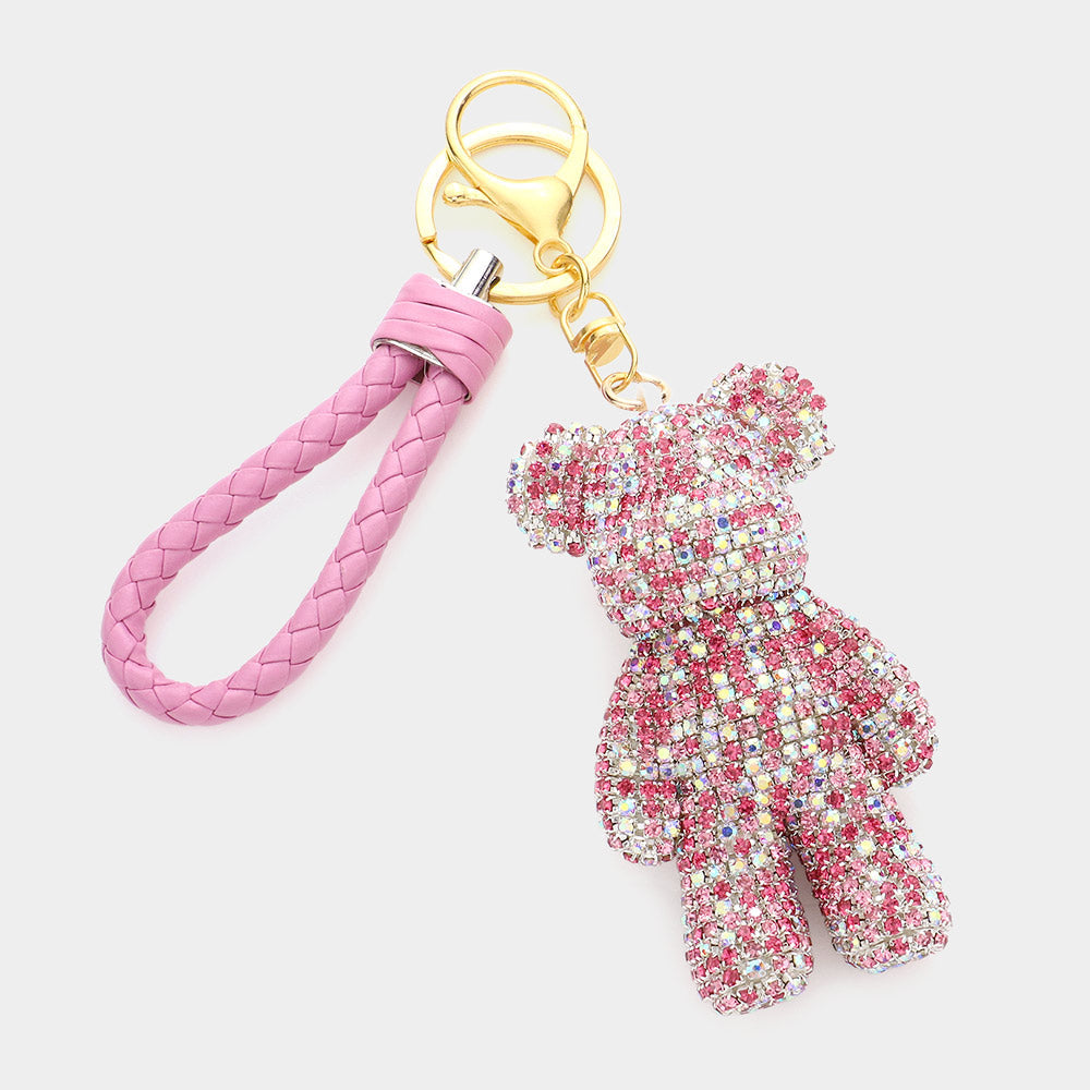 Bling Bear Figure Faux Leather Strap Keychain