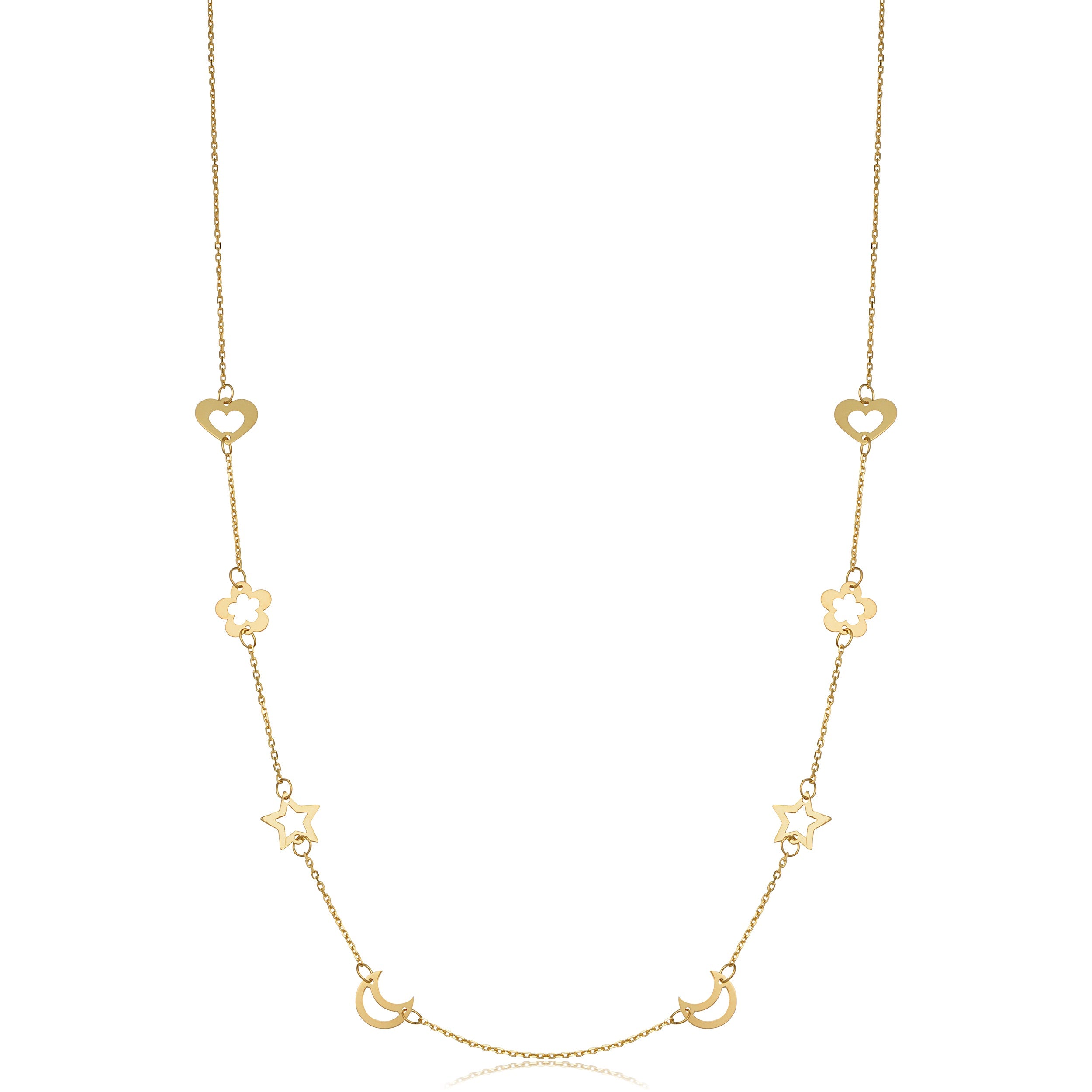 14k Yellow Gold Heart Flower Star Moon Station Necklace (26 inch)