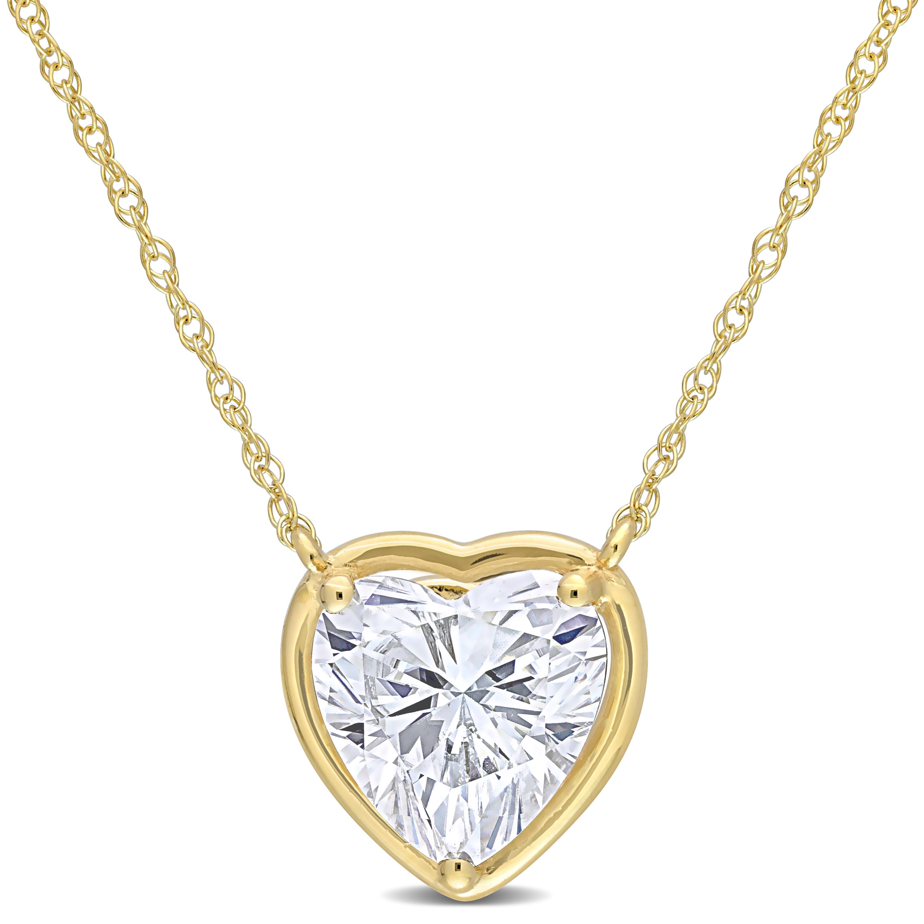 2 CT DEW Created Moissanite Heart Pendant with Chain in 10k Yellow Gold