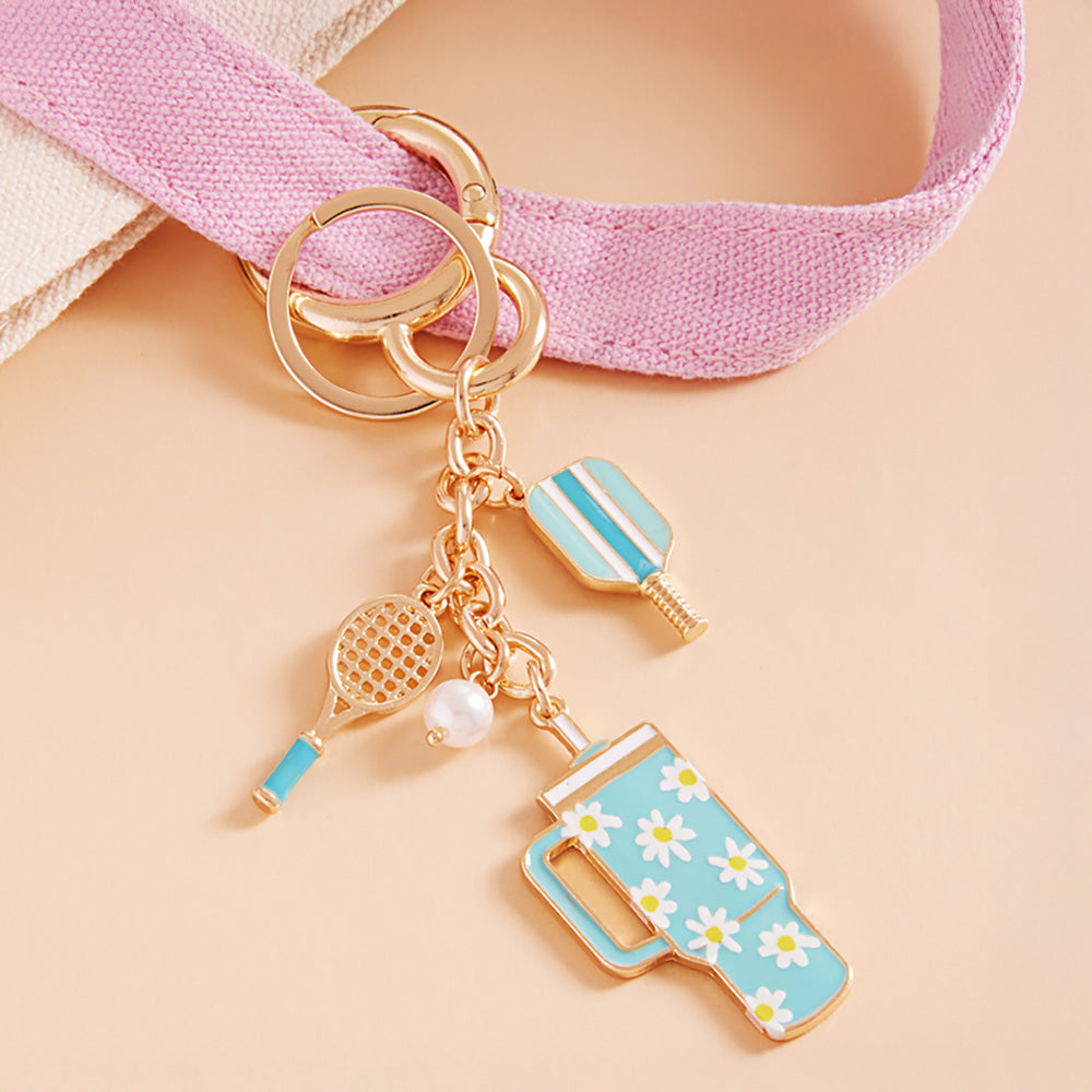 Enamel Pickleball Paddle Daisy Floral Pattern Tumbler Back Engraved Keychain / Bag Charm