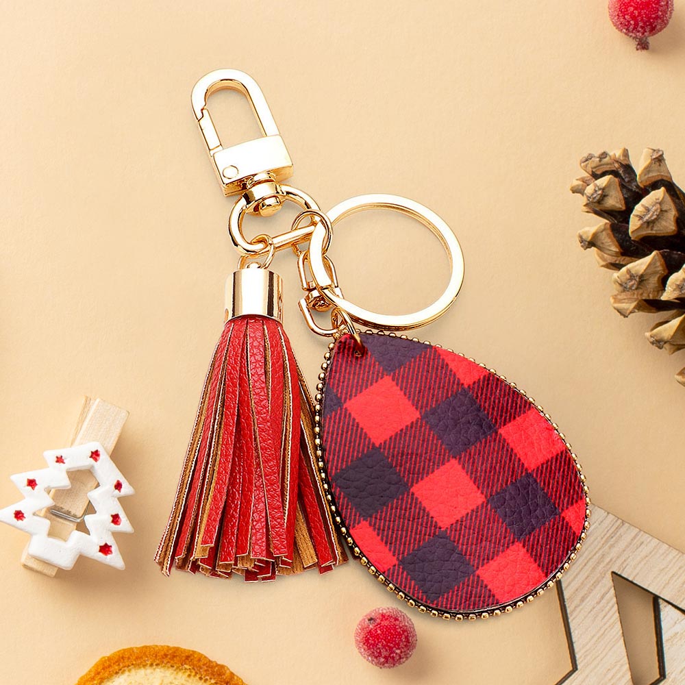 Buffalo Check Print Faux Leather Teardrop Tassel Keychain / Bag Charm