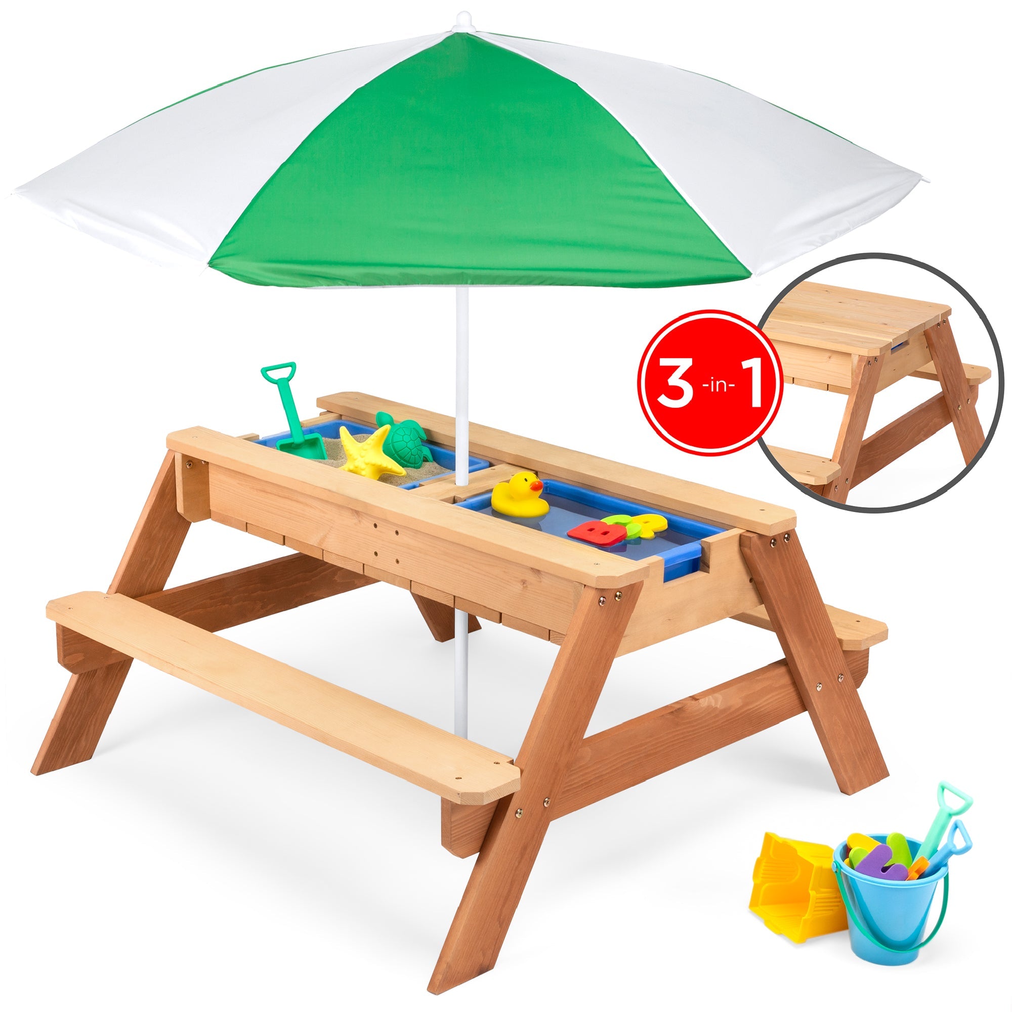 Best Choice Products Kids 3-in-1 Outdoor Convertible Activity Sand & Water Picnic Table w/ Umbrella