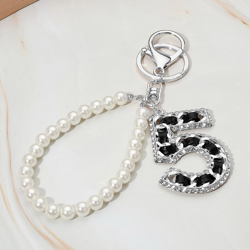 Faux Leather Threaded Number Five Pearl Beaded Keychain / Bag Charm