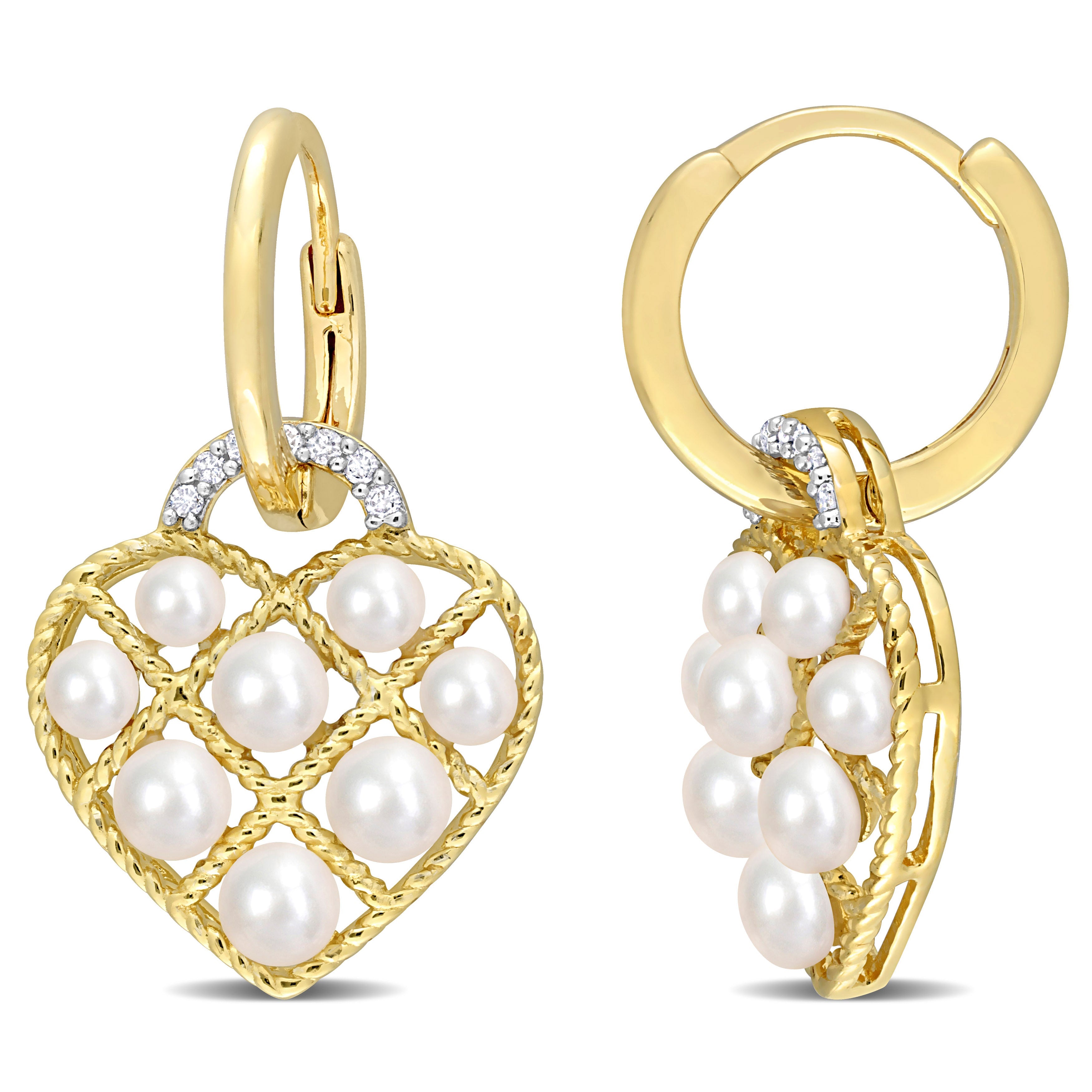 2.5-3 MM Cultured Freshwater Pearl and Diamond Accent Heart Hoop Earrings in Yellow Plated Sterling Silver