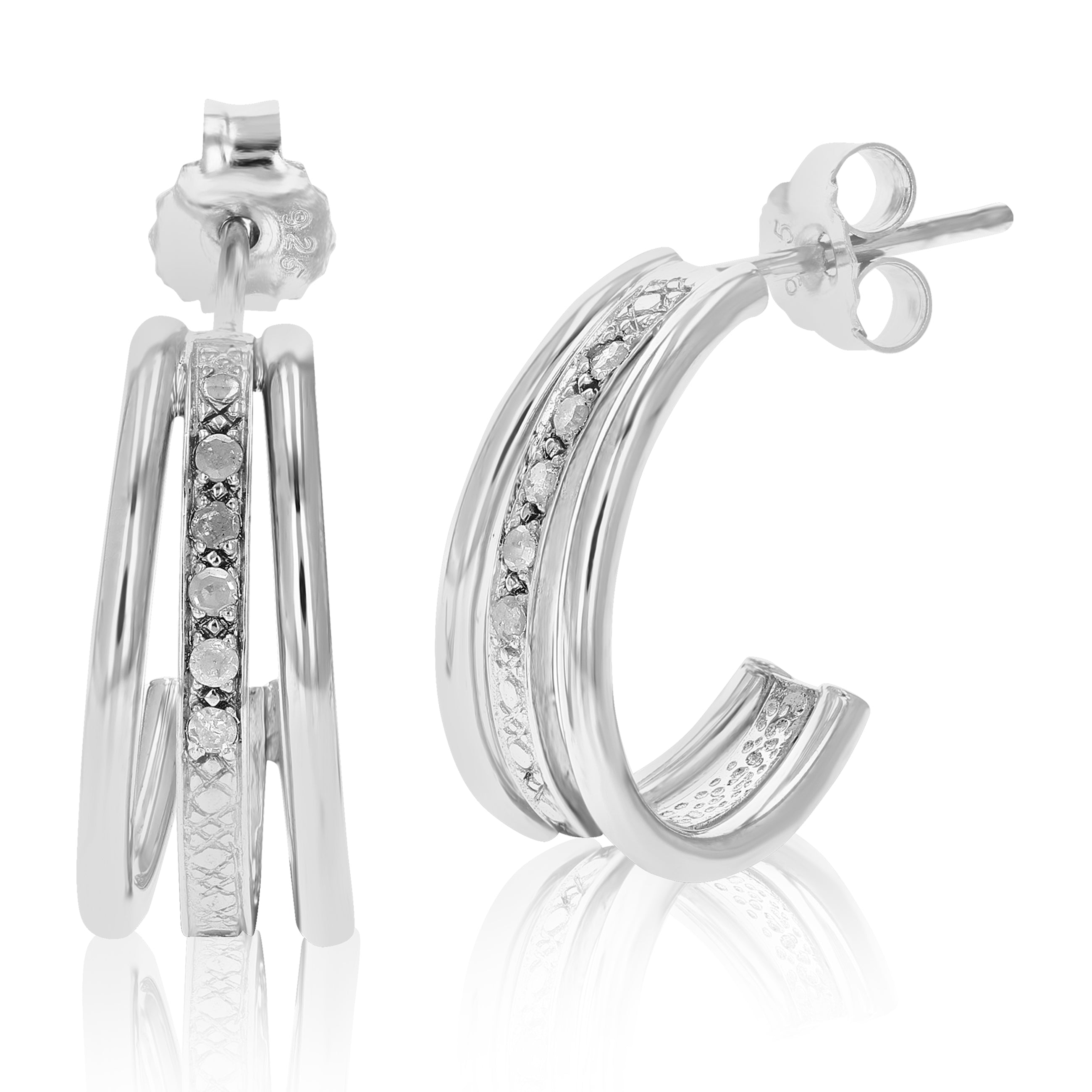 1/10 cttw Diamond Hoop Earrings .925 Sterling Silver With Rhodium Plating