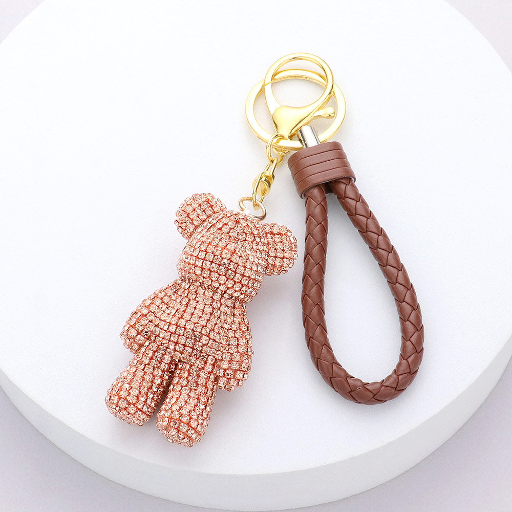 Bling Bear Rhinestone Faux Leather Strap Keychain