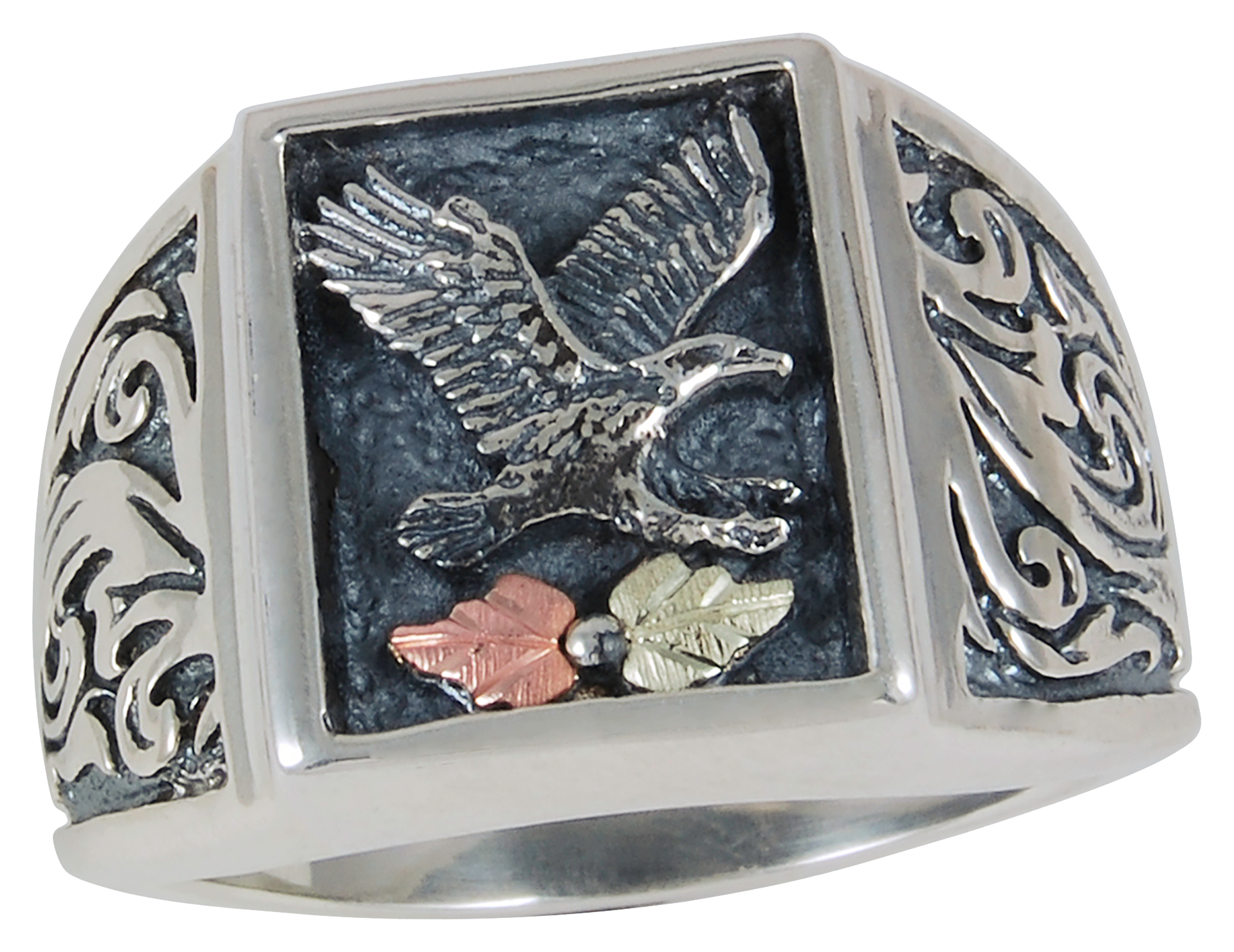 Black Hills Gold Engraved Eagle Gold on Sterling Silver Ring for Men