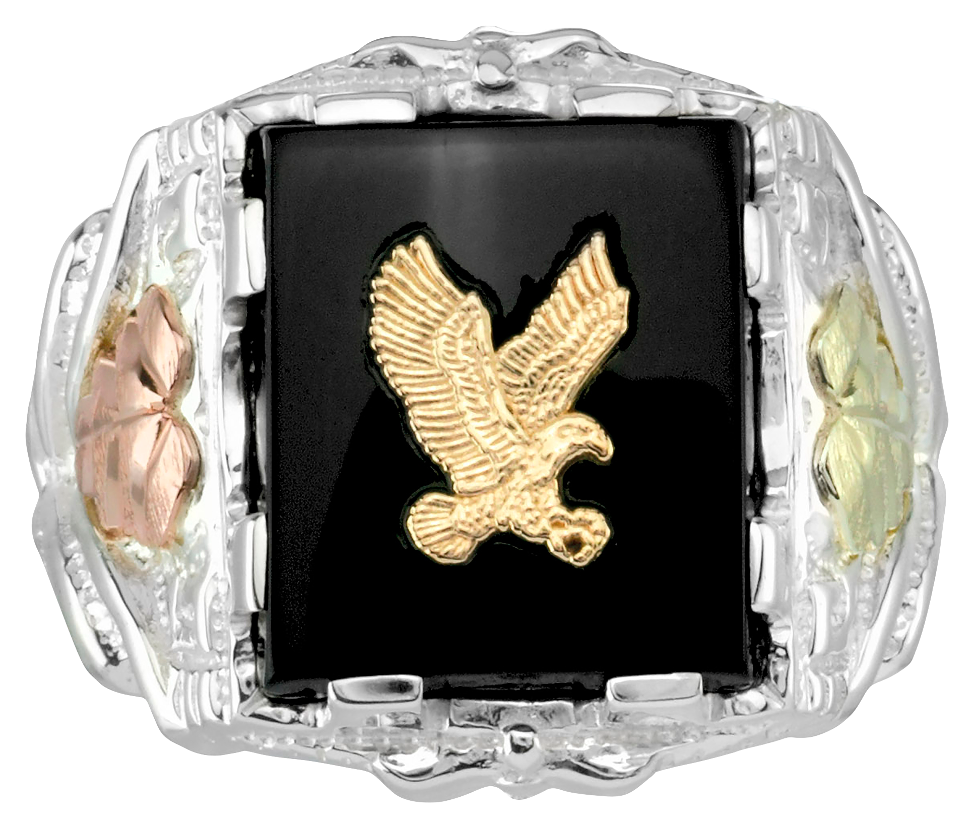Black Hills Gold Eagle Rectangular Onyx Gold on Sterling Silver Ring for Men