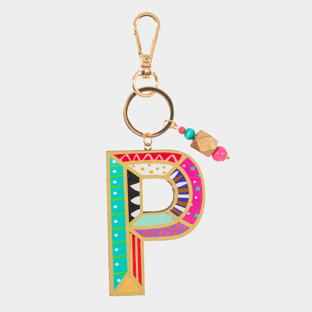 -P- Geometric Patterned Wood Initial Monogram Keychain