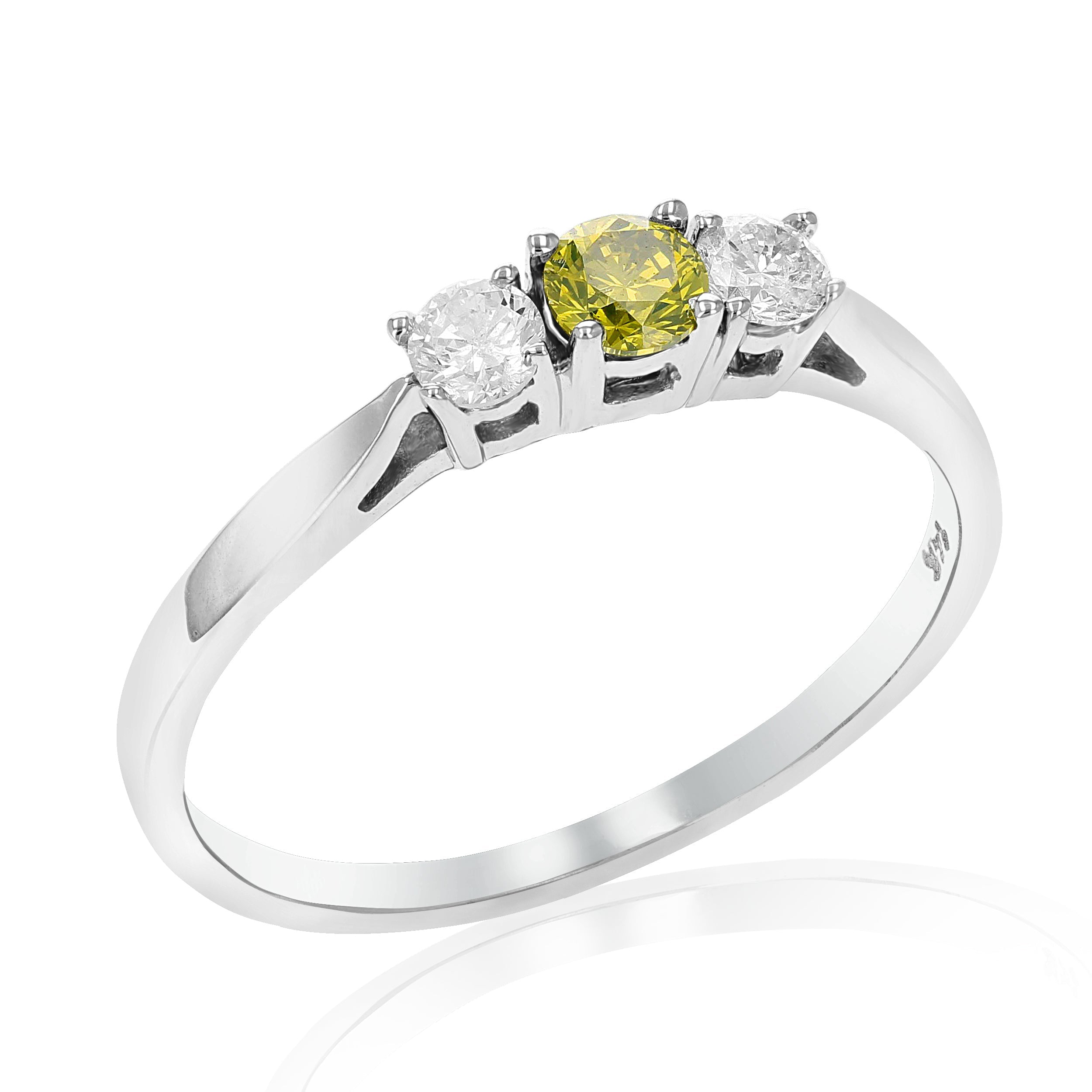 1/2 cttw 3 Stone Yellow and White Diamond Engagement Ring 14K White Gold