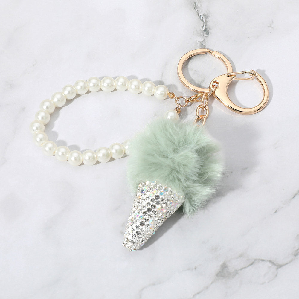 Bling Studded Pom Pom Ice Cream Cone Pearl Wristlet Keychain / Bag Charm