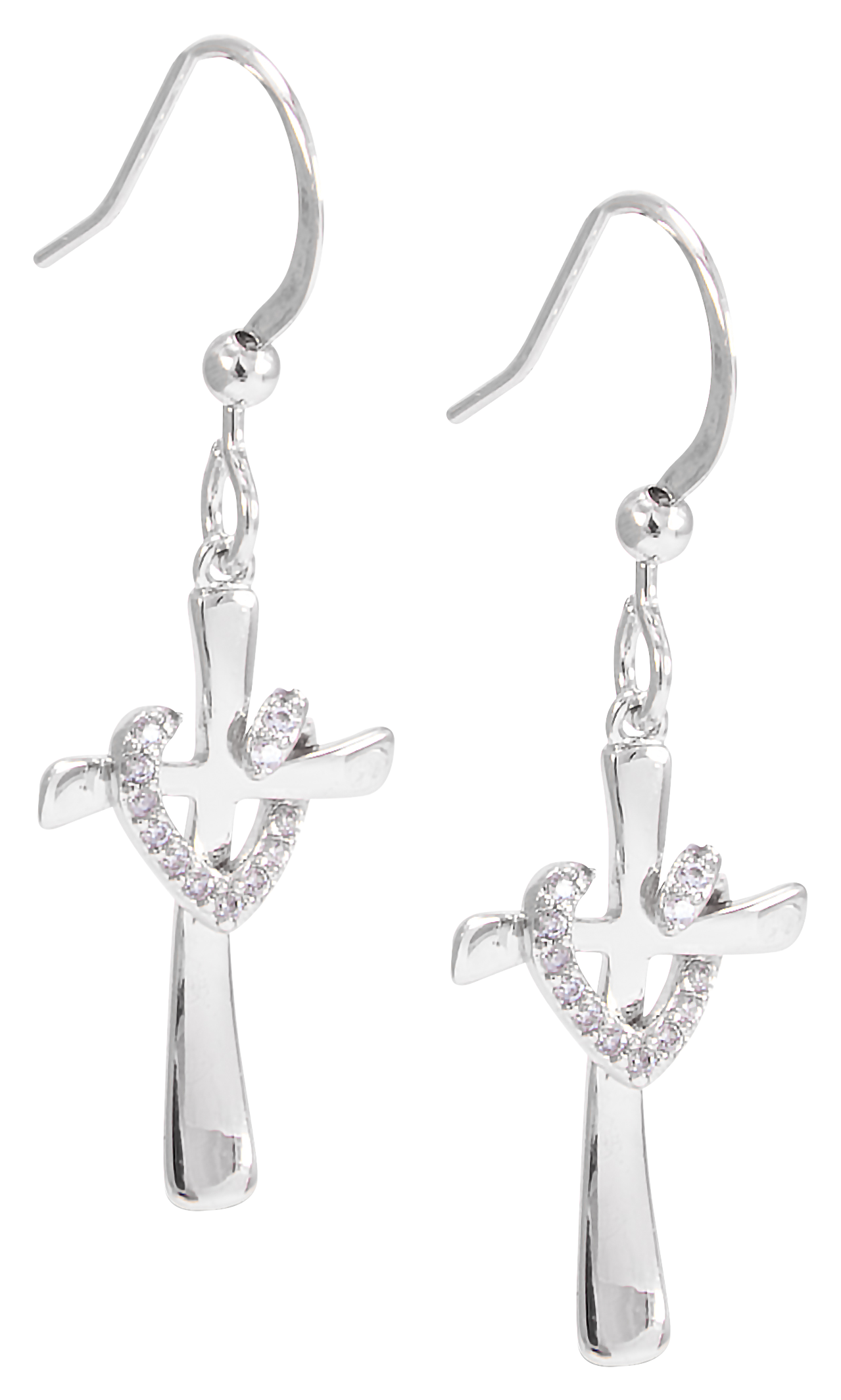 Amanda Blu Cross Heart Silver and Cubic Zirconia Dangling Earrings