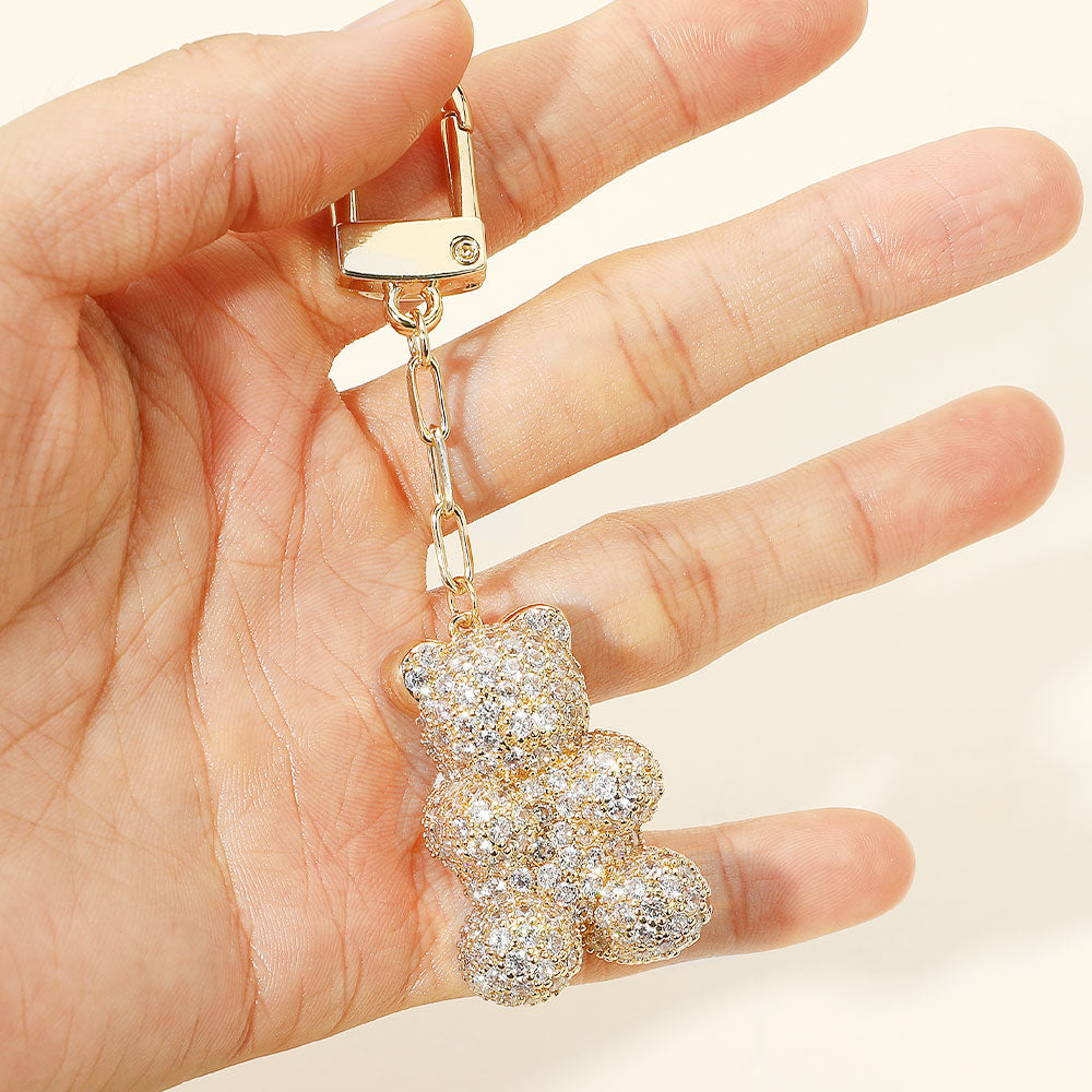 Gold Dipped CZ Stone Paved Teddy Bear Drop Keychain / Bag Charm