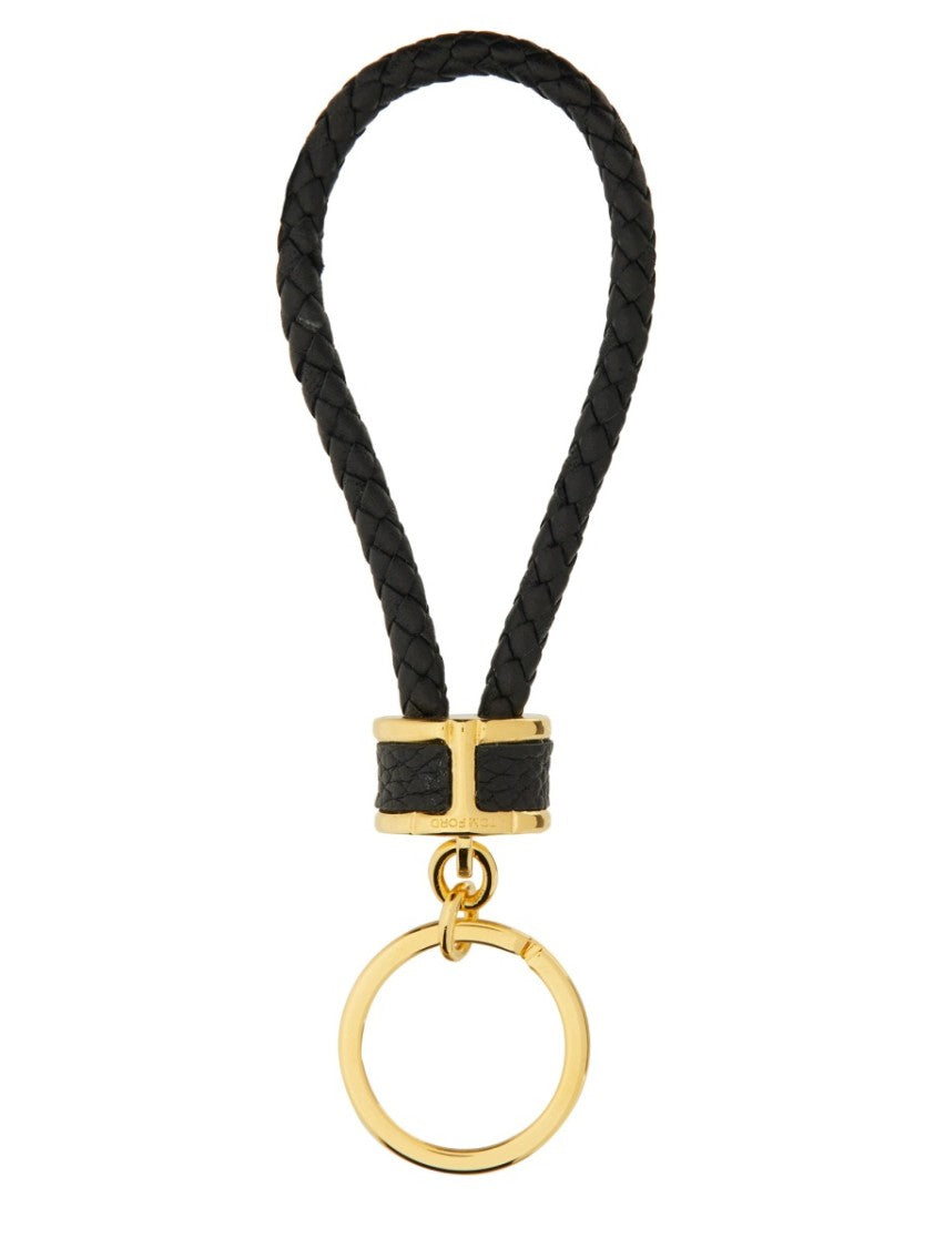 Braided Calf Leather Keychain With Polished Gold-Tone Ring