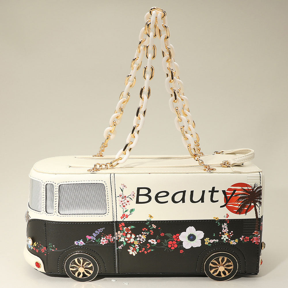 Faux Leather Floral Beauty Bus Chain Strap Bag
