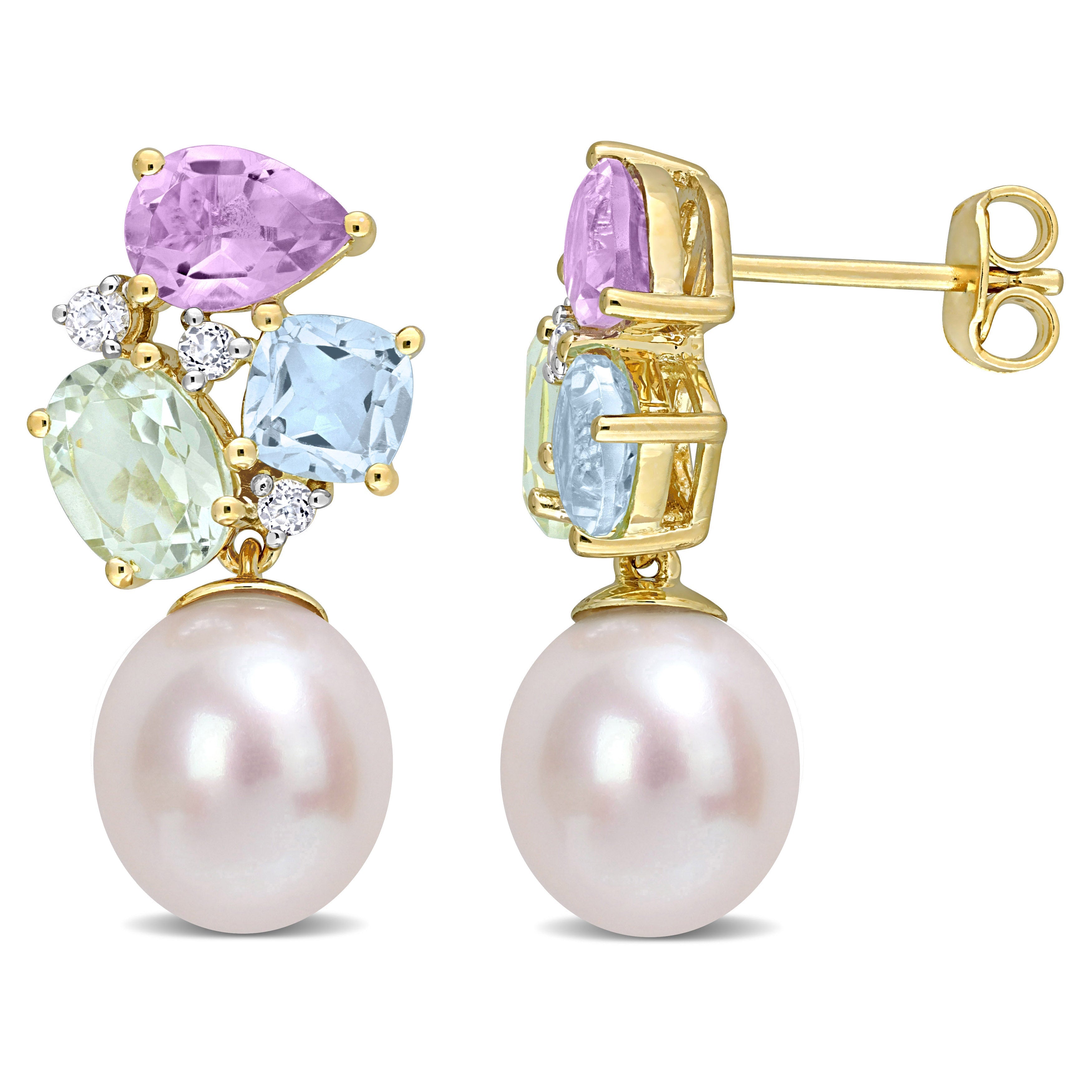 9-9.5 MM Freshwater Cultured Pearl and 4 3/4 CT TGW Multi-Color Gemstone Drop Earrings in Yellow Plated Sterling Silver