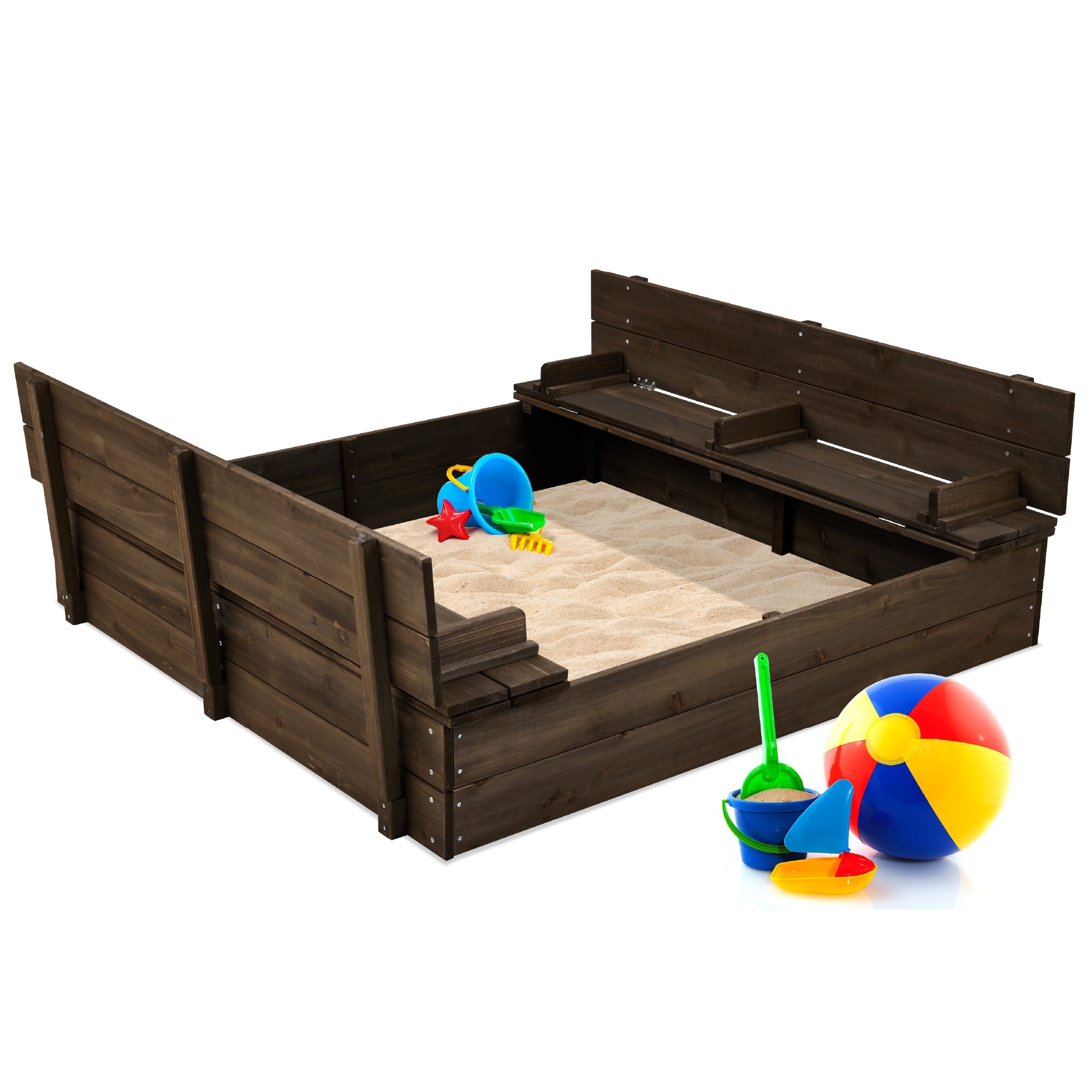 Best Choice Products 47x47-Inch Kids Wooden Outdoor Sandbox w/ 2 Foldable Bench Seats, Sand Protection, Liner