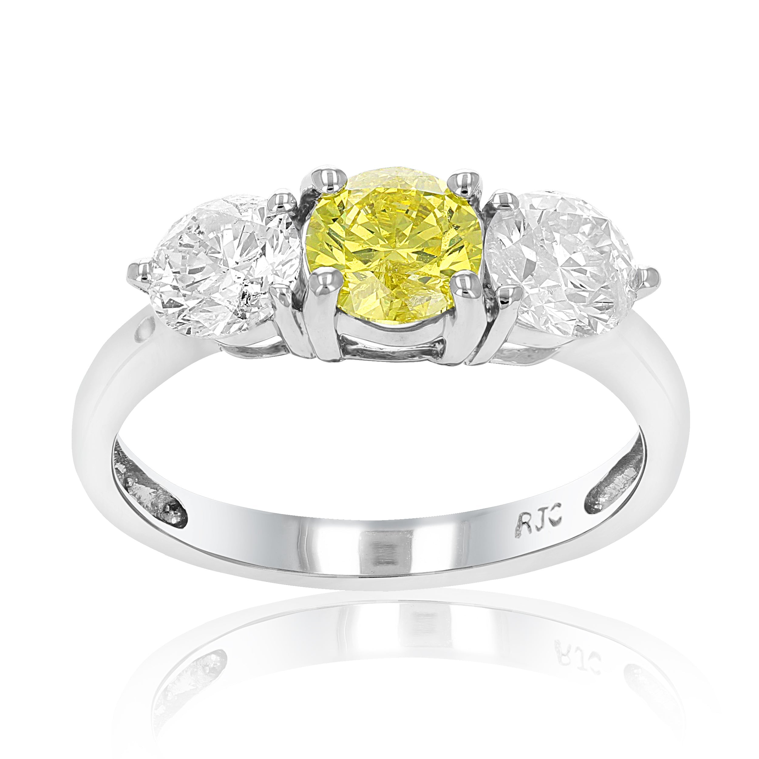 2 cttw 3 Stone Yellow and White Diamond Engagement Ring 14K White Gold