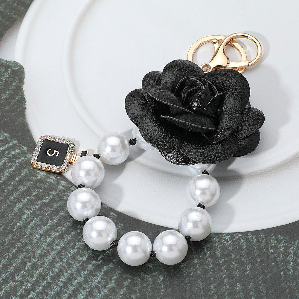 Faux Leather Rose Chunky Pearl Beaded Link Keychain / Bag Charm