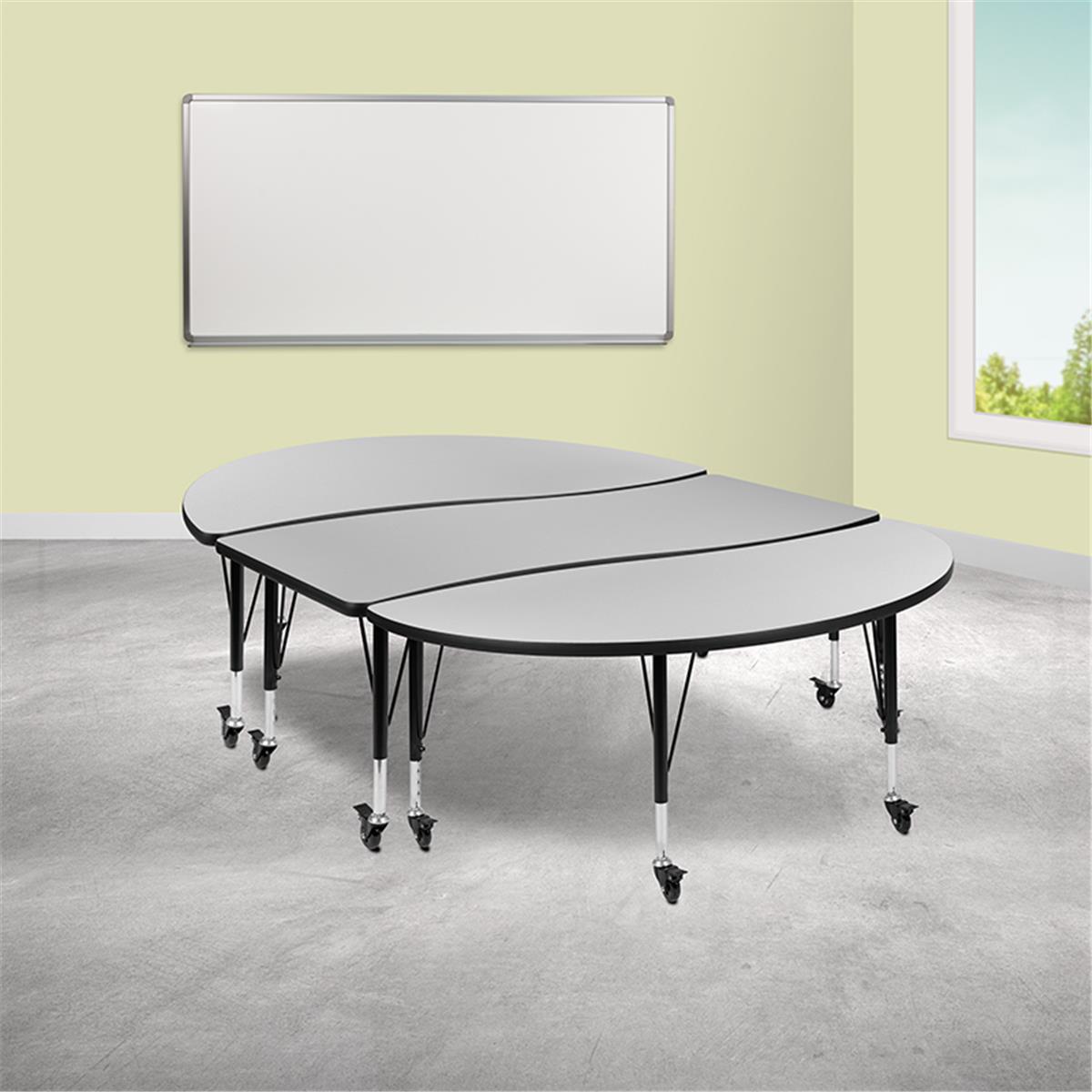 Flash Furniture  86 in. Mobile Oval Wave Flexible Thermal Laminate Activity Table Set with Height Adjustable Short Legs, Grey - 3 Piece