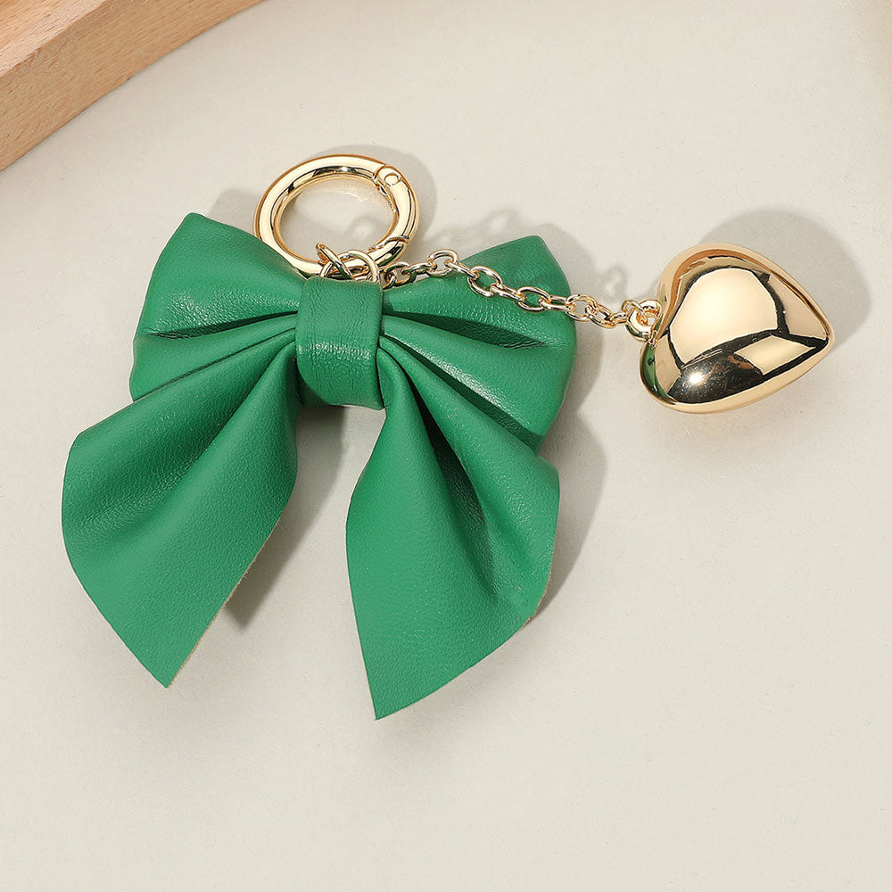 Faux Leather Bow Metal Heart Drop Keychain / Bag Charm