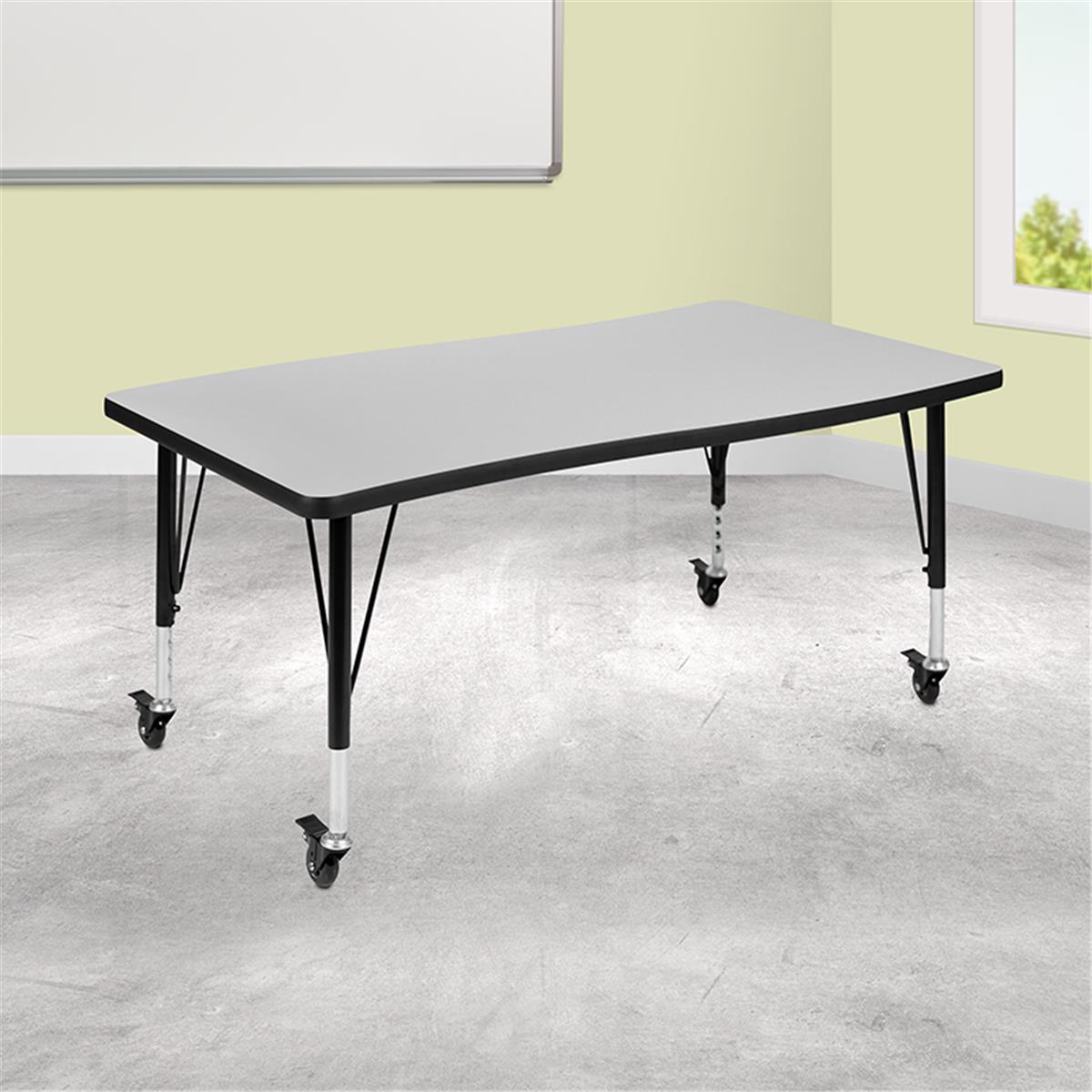 Flash Furniture  28 x 47.5 in. Mobile Rectangular Wave Flexible Collaborative Laminate Activity Table with Height Adjustable Short Legs, Grey