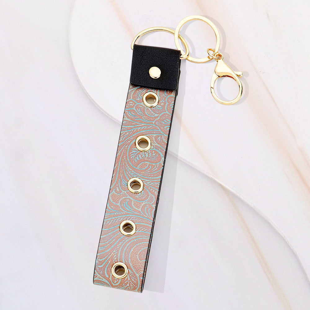 Floral Leaf Pattern Faux Leather Keychain / Bag Charm