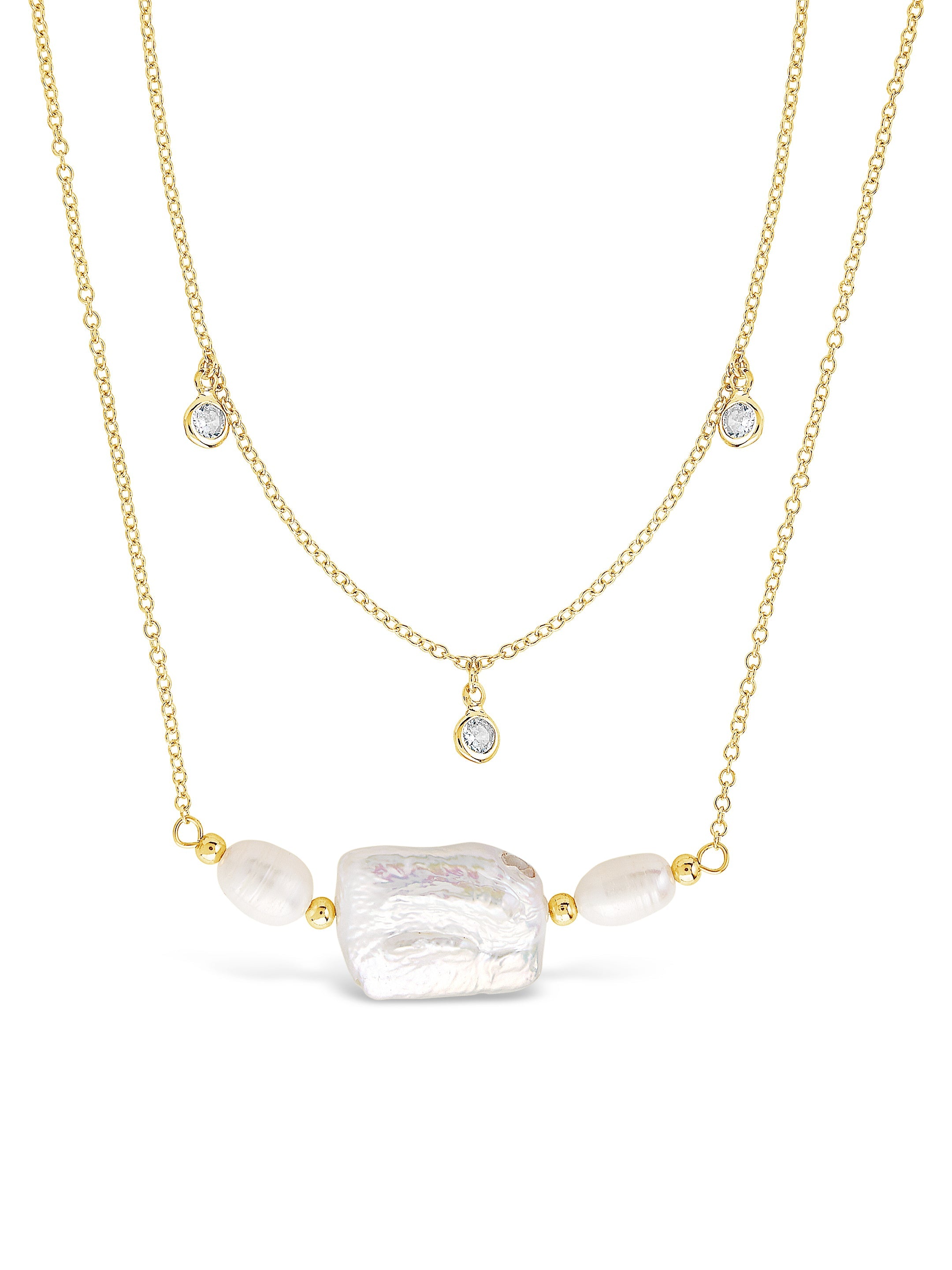 Bezel CZ and Pearl Layered Necklace