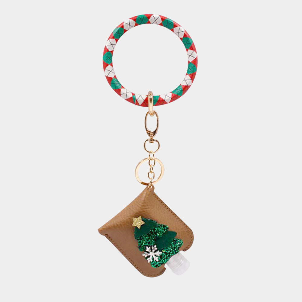 Christmas Tree Faux Leather Case with Empty Hand Sanitizer Bottle Set Keychain Brown