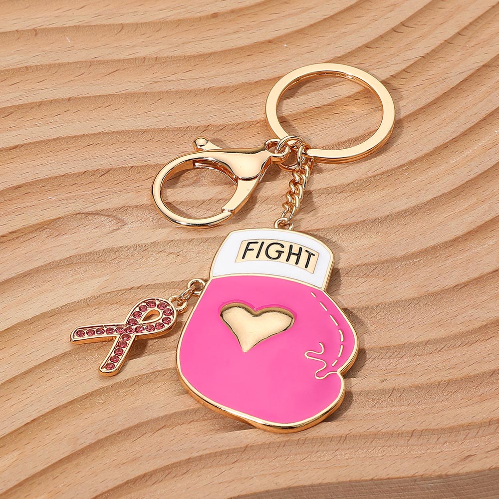 Fight Message Boxing Glove Awareness Pink Ribbon Dangle Keychain / Bag Charm