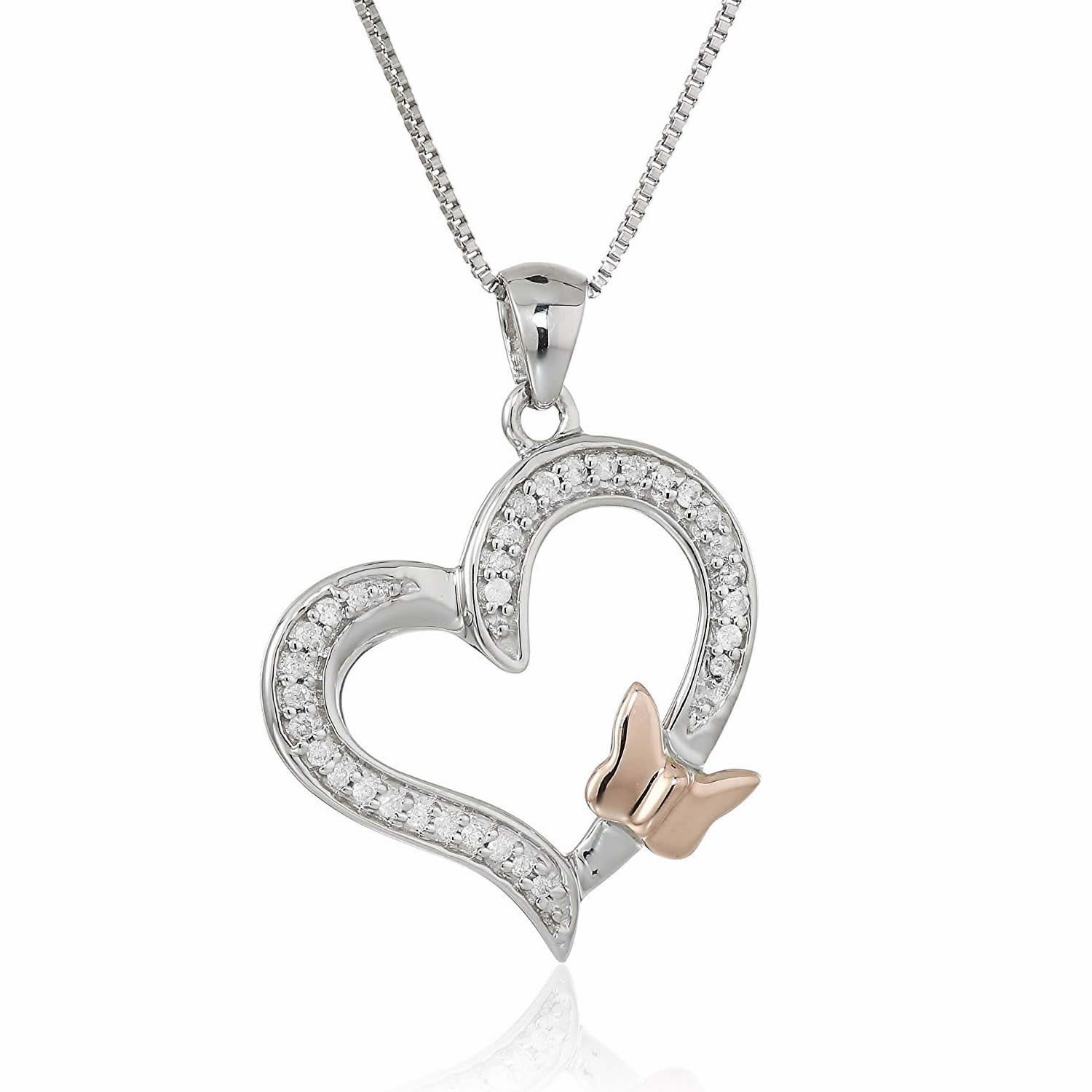 1/10 cttw Diamond Butterfly and Heart Pendant 14K White and Rose Gold with Chain