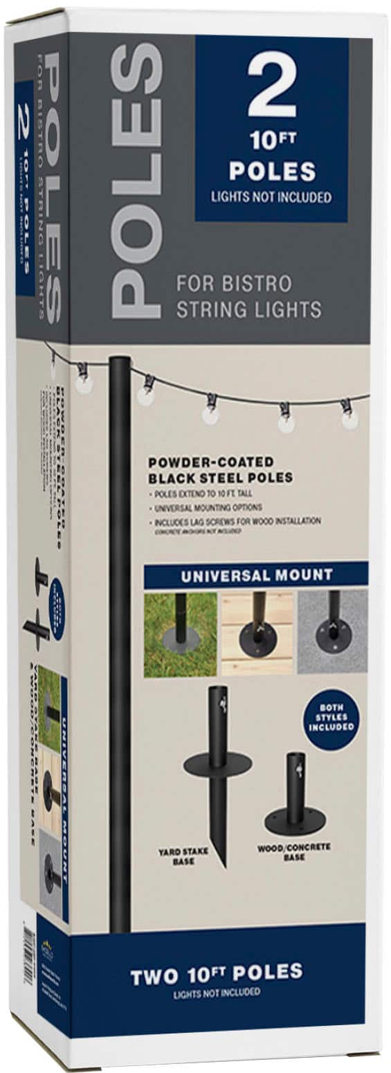 Excello Global Products - Bistro String Light Pole - 2 Pack - Extends to 10 Feet - Universal Mounting Options - Black