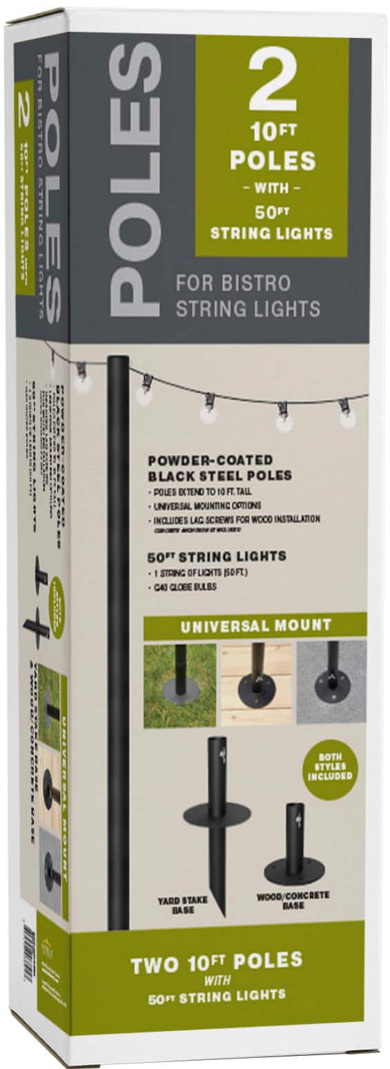 Excello Global Products - Bistro String Light Poles - 2 Pack - Extends to 10 Feet - 50 Feet of String Lights Included - Black