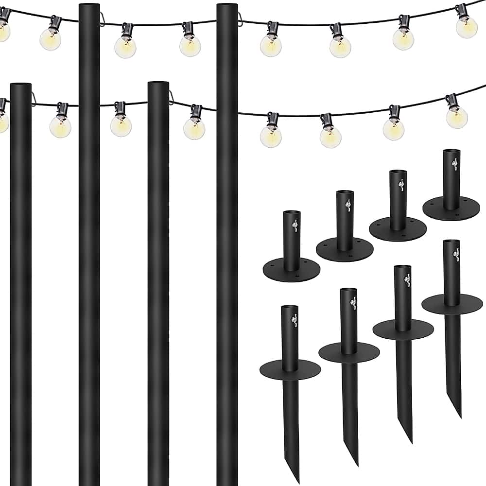 Excello Global Products - Bistro String Light Poles - 4 Pack - Extends to 10 Feet - 100 Feet of String Lights Included - Black