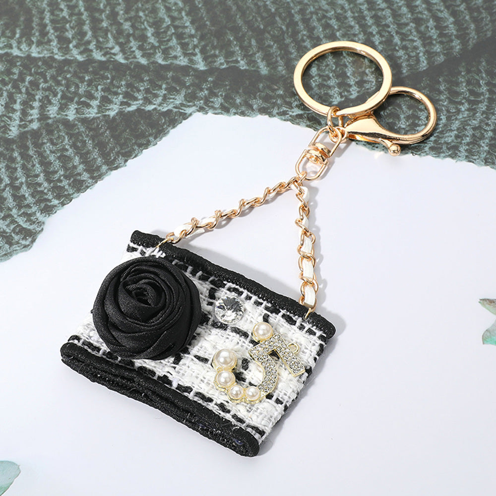 Fabric Flower Pearl Paved Number Five Embellished Handbag Keychain / Bag Charm