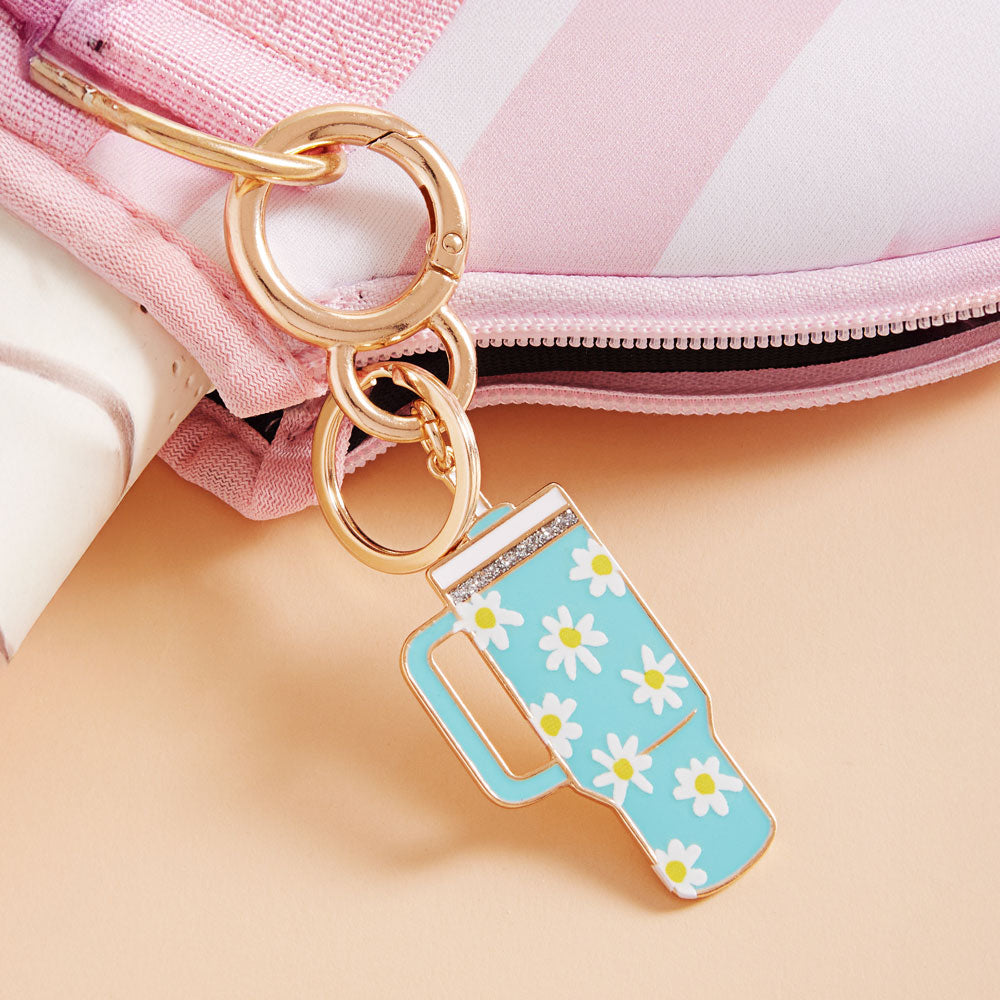 Enamel Daisy Floral Pattern Tumbler Back Engraved Keychain / Bag Charm