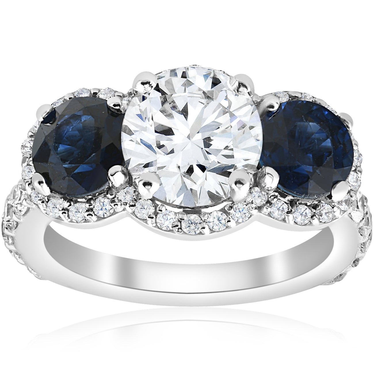 3 1/2 ct Sapphire & Diamond Halo 3-Stone Engagement Ring 14k White Gold