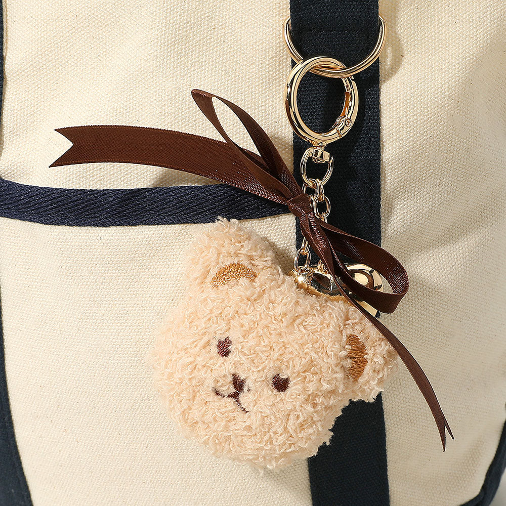 Bow Metal Heart Charm Fluffy Teddy Bear Face Plush Doll Keychain / Bag Charm