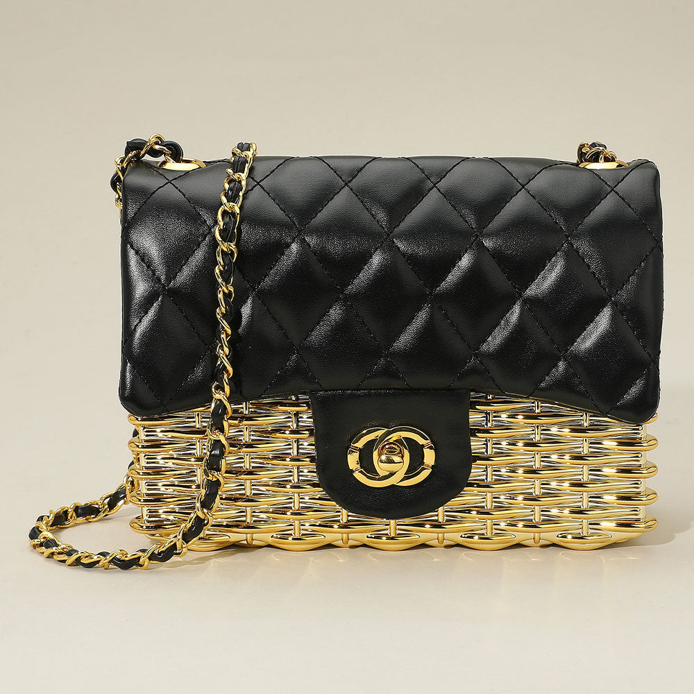 Faux Leather Quilted Flap Metal Woven Handbag