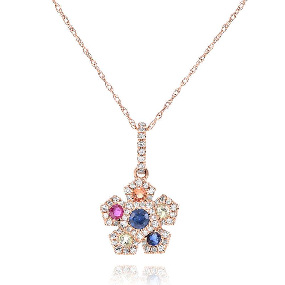 14K Rose Gold Flower Multi Stone Necklace