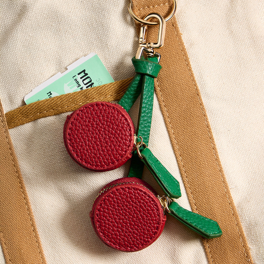 Genuine Leather Cherry Double Coin Purse / Keychain / Bag Charm
