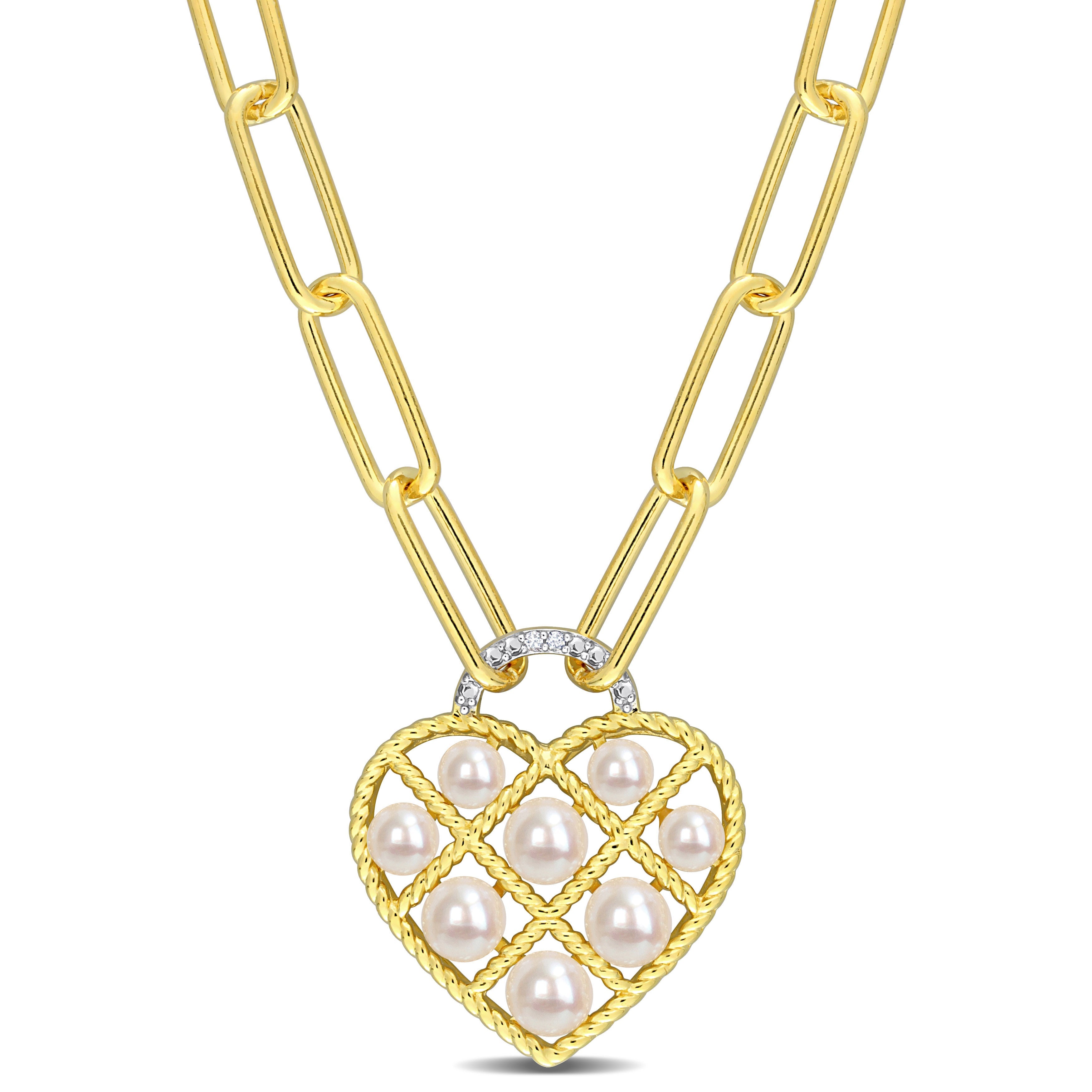 Freshwater Cultured Pearl & Diamond Accent Heart Paperclip Chain Link Necklace in Yellow Plated Sterling Silver