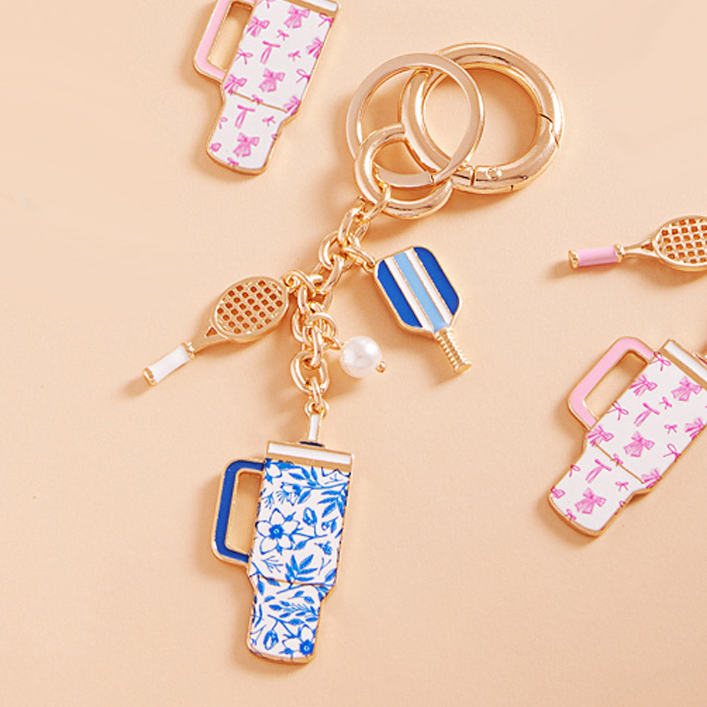 Enamel Pickleball Paddle Floral Pattern Tumbler Back Engraved Keychain / Bag Charm