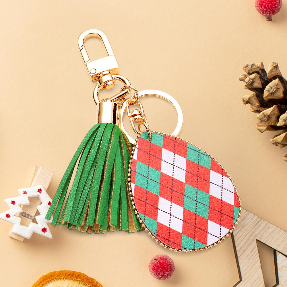 Argyle Check Print Faux Leather Teardrop Tassel Keychain / Bag Charm