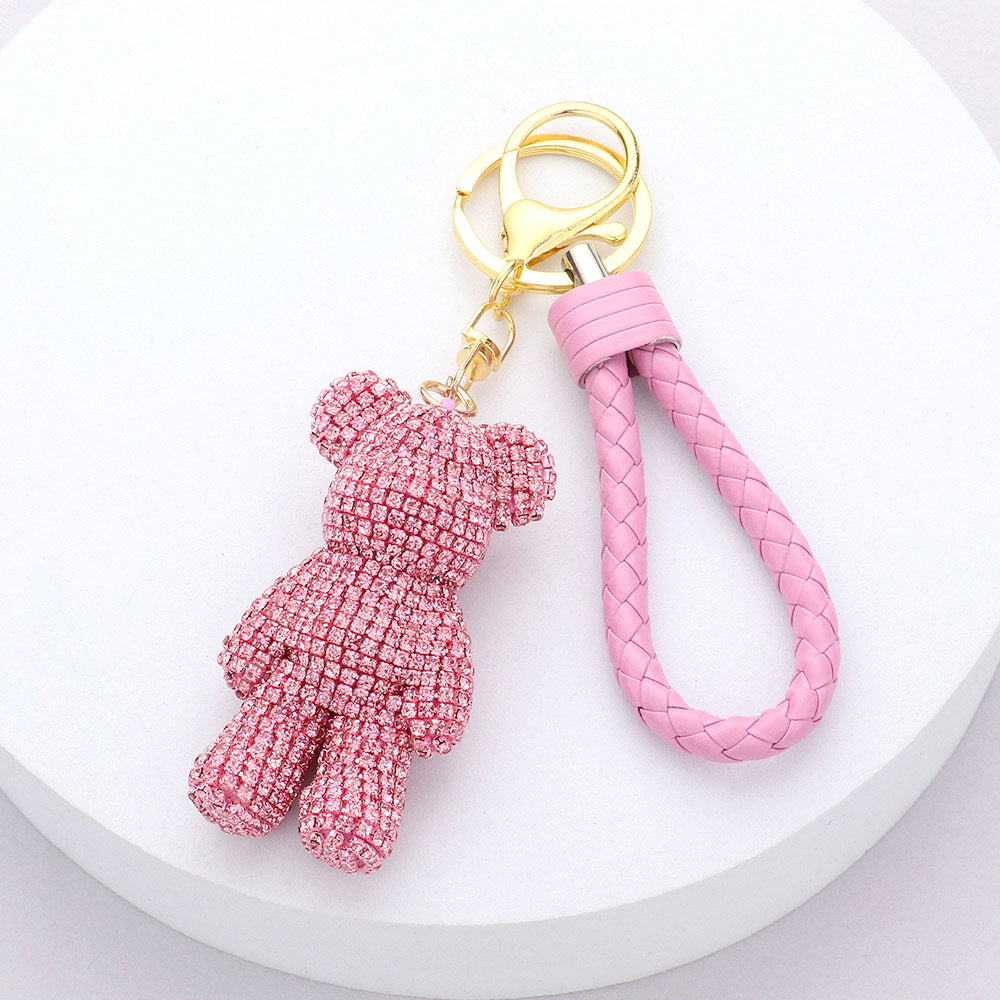 Bling Bear Rhinestone Faux Leather Strap Keychain