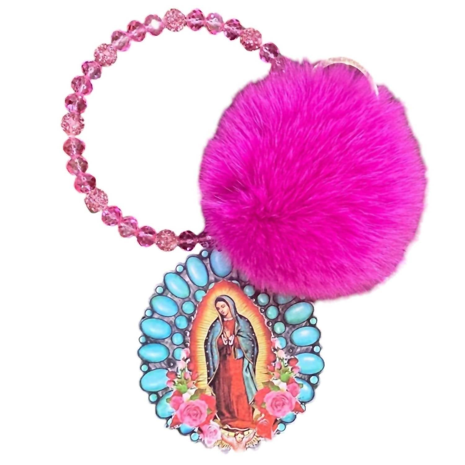 Guadalupe Pom Pom Keychain In Hot Pink