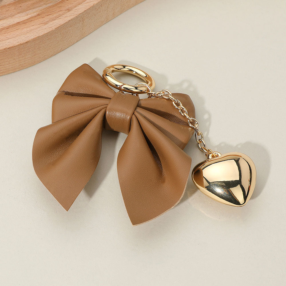 Faux Leather Bow Metal Heart Drop Keychain / Bag Charm