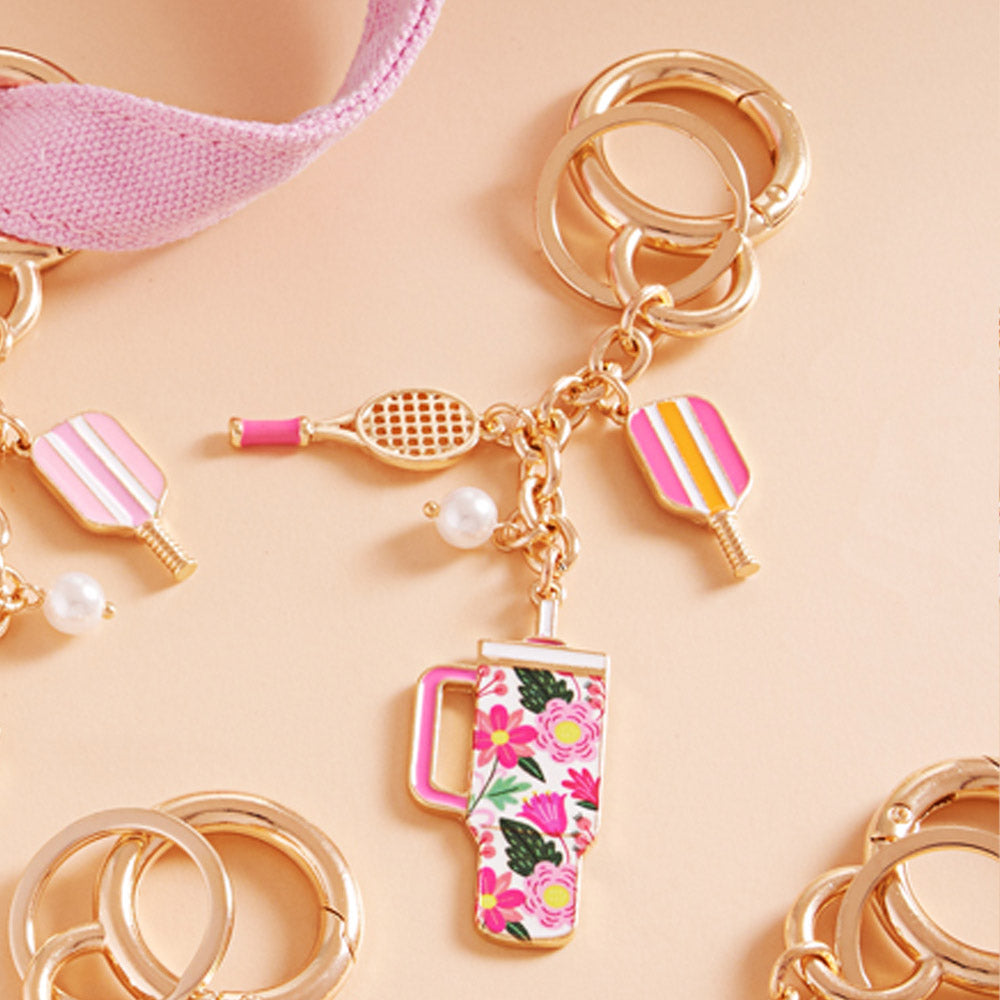 Enamel Pickleball Paddle Floral Pattern Tumbler Back Engraved Keychain / Bag Charm