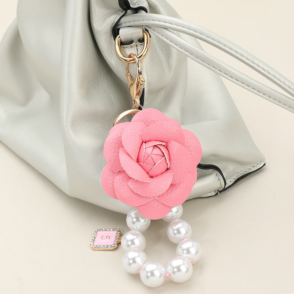 Faux Leather Rose Chunky Pearl Beaded Link Keychain / Bag Charm